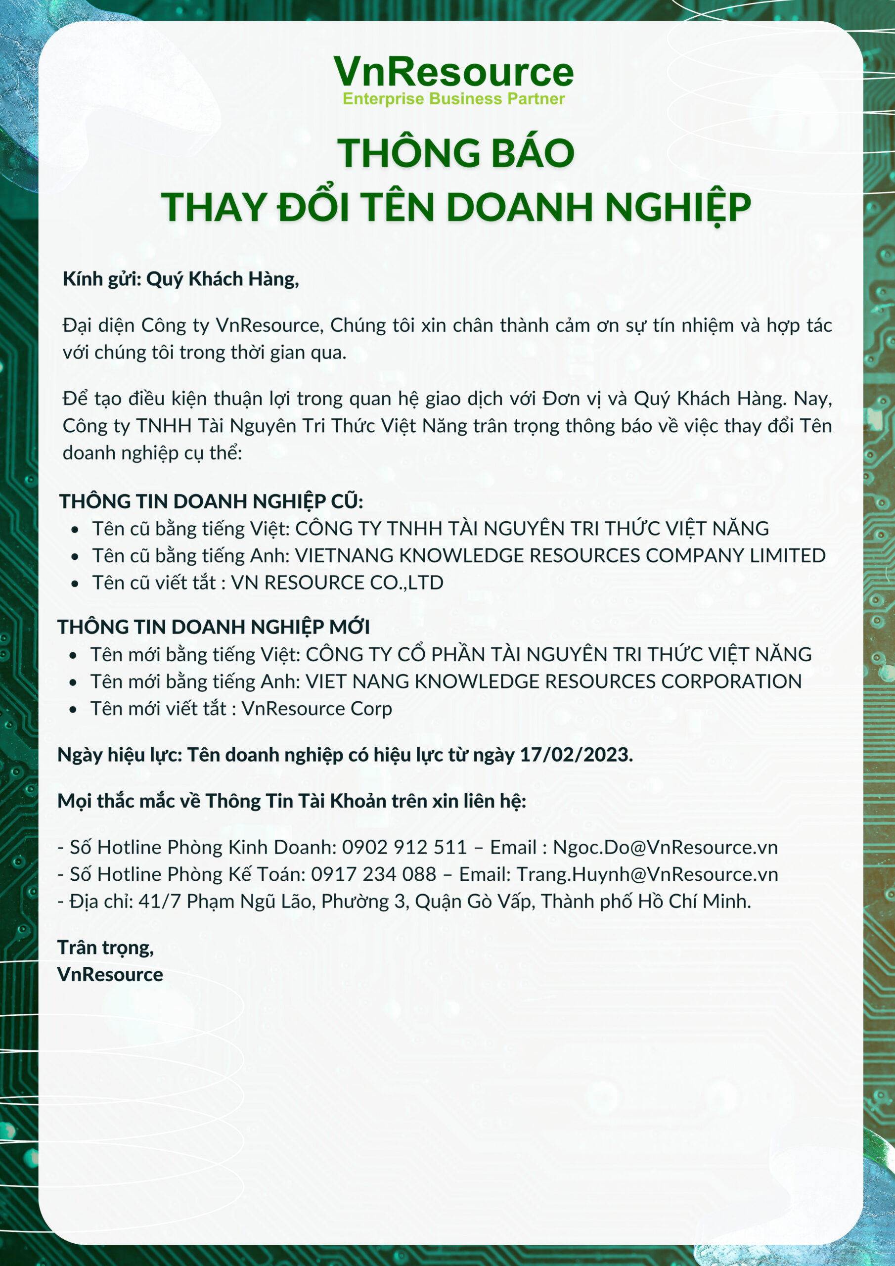 Thông báo đổi tên doanh nghiệp